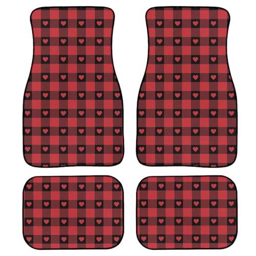 Red Buffalo Plaid Print Car Floor Mats Set of 4 Check Love Heart Universal Vehicle Floor Carpet Decorative Auto Front Rear Foot Rugs for Trucks SUV Sedan - color: Red