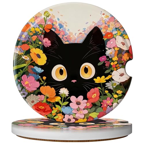 2 Pack Car Coasters for Cup Holders, Absorbent Ceramic Cup Coaster with Cork Base and Finger Notch, Cute Car Accessories Interior for Women Men - color: Cat