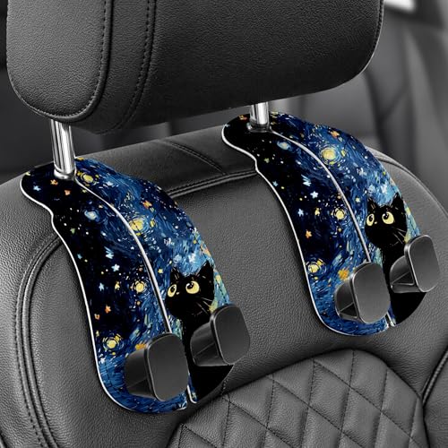 Purse Holder for Car, 2 Pack Heavy Duty Purse Hanger for Car, PU Leather Car Seat Hooks for Purses and Bags, Cute Blue Starry Sky Cat Headrest Organizer for Handbags & Backpacks - color: Car hook - Blue Starry Sky Cat A