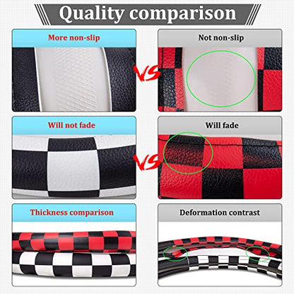 Lattice Leather Steering Wheel Cover, Black and White Checker Car Accessories, Non-Slip and Comfortable Unisex Universal Steering Wheel Cover 15 inch for Women Men (Black and White Checker)