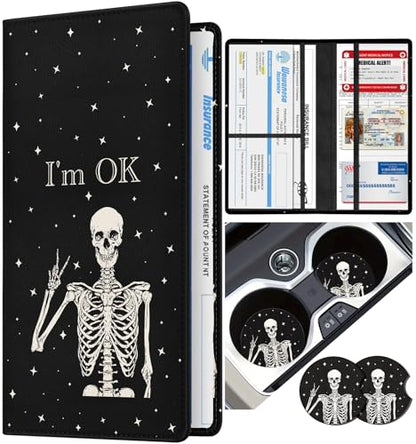 Slohif Car Registration and Insurance Holder - Skeleton Vehicle Glove Box Organizer Women with Magnetic Shut Leather Automobile License Holders Coasters Auto Accessories Case for Document - color: Skeleton
