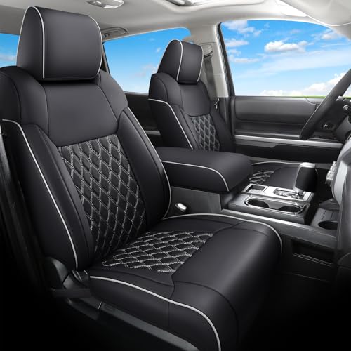 Huidasource Tacoma Seat Covers Full Set, Nappa Leather Pickup Seat Cushion Cover Fit for Toyota Tacoma 2024-2026 Double&Crew Cab SR SR5 Limited TRD Sport/Off Road Trailhunter (Full Set/Black&White) - color: Full Set/Black & White, size: 4th Gen Tacoma 202