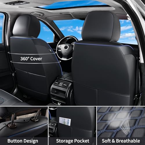 Huidasource Truck Seat Covers Fit for Chevy Silverado GMC Sierra 1500 2007-2013 & 2019-2025, 2500HD 3500HD 2020-2025 Crew Double Extended Cab Pickup Leather Car Seat Cover (Full Set/Black&Blue) - color: Black&Blue, size: Full Set 2007-2013&2019-2025 (Flat