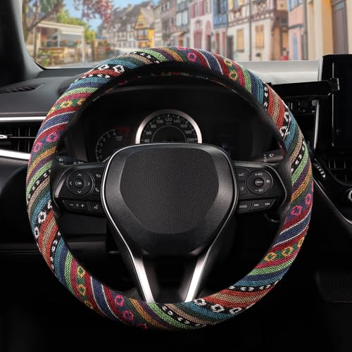 SEG Direct Boho Steering Wheel Cover with Baja Blanket Cloth, Ethnic Style Auto Wheel Cover Made of Coarse Flax, Fits 14 1/2-15 1/4 inches Car Wheel - color: Bohemian Dreams