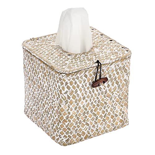 Sumnacon Tissue Box Cover Square Seagrass Tissue Box with Lid, Woven Tissue Box Holder Rustic Cube Tissue Cover for Bathroom Toilet Bedroom Living Room Kitchen Table Desk Office Car, Whitewash - color: Whitewash