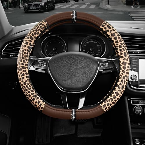 Road Comforts Leopard Steering Wheel Cover for Women, Cute Anti-Slip Microfiber Leather, Fits D Shape Flat Bottom Steering Wheel 14.5-15 Inch - Brown - color: D Shape-Brown