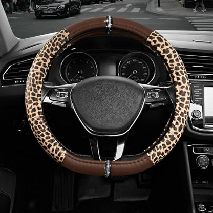 Road Comforts Leopard Steering Wheel Cover for Women, Cute Anti-Slip Microfiber Leather, Fits D Shape Flat Bottom Steering Wheel 14.5-15 Inch - Brown - color: D Shape-Brown