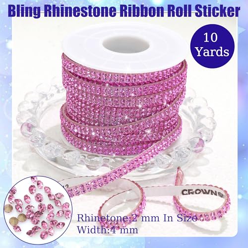 10 Yards Rhinestone Ribbon Roll,0.4 CM Wide Diamond Ribbon for Car Interior,Light Pink Rhinestone Trim Self Adhesive,Shiny Gem Strips Sticker for DIY Crafts Art Wedding Party Decoration