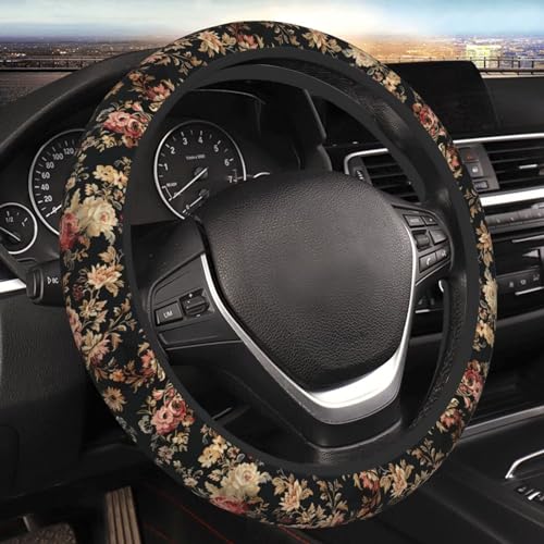 Vintage Flower Car Steering Wheel Cover Rose Floral Car Accessories for Women Girls, Girly Car Accessories Universal 15 Inch Steering Wheel Protector Fits Car Truck SUV, Non-Slip & Breathable - color: Vintage Flower