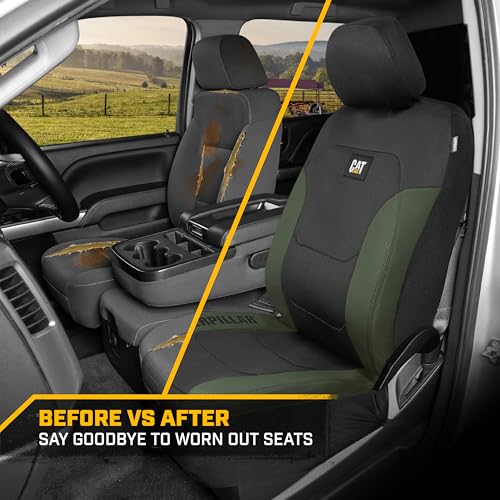 CAT Flexfit Green Black Seat Covers for Cars, Trucks, & SUV - (2) Front Car Seat Cover Front Seat Protectors - Airbag Compatible Seat Covers for SUV Interior Covers & Truck Seat Cover Car Accessories