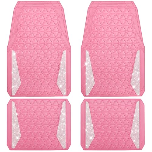 CAR PASS Bling Diamond Car Mats Rubber Floor Mats Full Set Anti-Slip 3D Rhombus Waterproof Trim to Fit Liner Universal Glitter Crystal Sparkly Shining Rhinestone Girl Women SUV Sedan Van, Pink Rubber - color: Pink Rubber