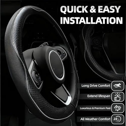 NBTEPEM 6 PCS Car Steering Wheel Cover Set, Microfiber Leather Steering Wheel Covers Universal 14.5-15 inch, Center Console Cover, Seat Belt Cushion, Cup Coaster, Car Accessories Set Black Grey - color: Black with grey, size: Steering Wheel Cover Set