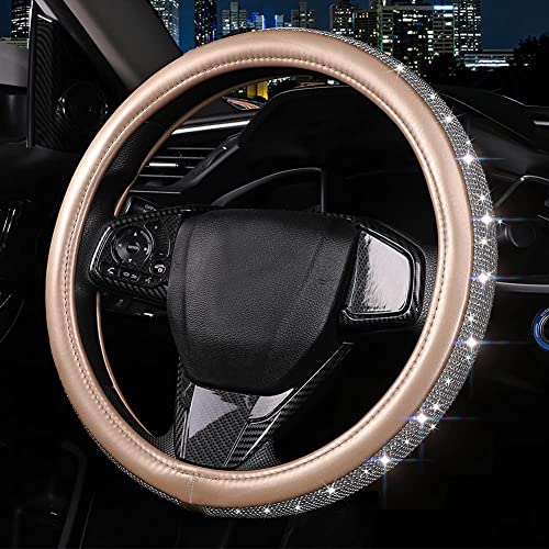 Bling Diamond Leather Steering Wheel Cover, Golden Steering Wheel Covers for Women Girls with Crystal Rhinestones, Universal Fit 14.5-15 Inch Car Steering Wheel Bling Cover Accessories - color: Golden