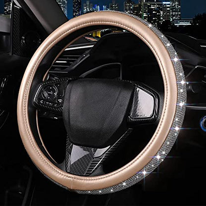 Bling Diamond Leather Steering Wheel Cover, Golden Steering Wheel Covers for Women Girls with Crystal Rhinestones, Universal Fit 14.5-15 Inch Car Steering Wheel Bling Cover Accessories - color: Golden