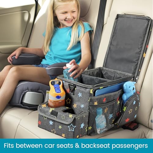 High Road CarHop Car Caddy Organizer with Road Trip Cooler, Car Cup Holder Bin, Sturdy Snack and Play Lid and 6 Organization and Storage Pockets, Starry Night - color: Stars