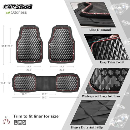 CAR PASS Bling Diamond Rubber Car Mats, Heavy Duty Deep Dish All-Weather Floor Mat Full Set Anti-Slip 3D Rhombus Waterproof Trim to Fit Liner Universal Glitter Sparkly Shining Rhinestone, 3 Pcs Red - color: Red Diamond