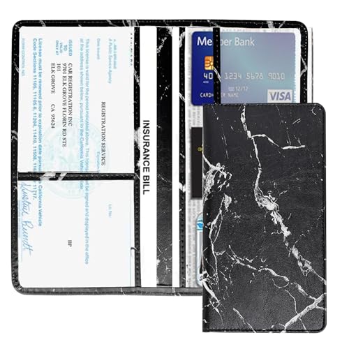 Vehicle Glove Box Car Organizer, Car Registration and Insurance Holder, Insurance Card Holder for Cars, Leather Card Holder Interior Auto Accessories for Women (Marble-Black/Large) - color: Marble-Black/Large