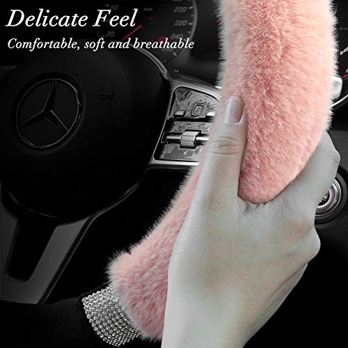 Achiou Rhinestone Fluffy Steering Wheel Cover - Comfortable Non-Slip Luxury Faux Wool, Universal Fit for 14.5" to 15" Steering Wheels - color: Black and Pink