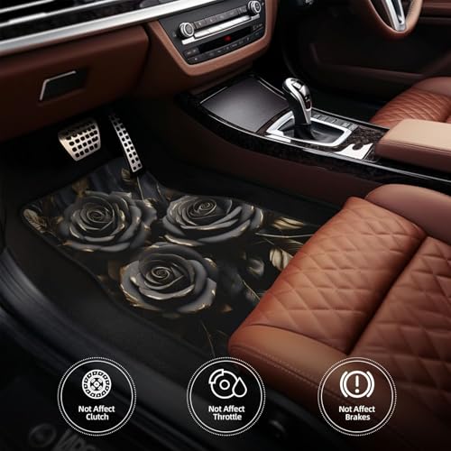 Universal Fit Car Floor Mats-Tech Cloth with Elegant Patterns, Gilded Black Roses,Anti-Slip Rubber Bottom, Front (26.8x17.3in) & Rear (13x17.3in) Set,4PCS, Water-Resistant & Simple to Clean