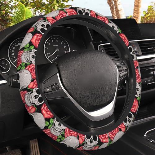 Watercolor Skull and Roses Car Steering Wheel Cover, Non-Slip Absorbing Sweat Car Wheel Cover Accessories for Men Women,Universal 15" Fit Auto SUV Vans Trucks - color: Watercolor Skull and Roses