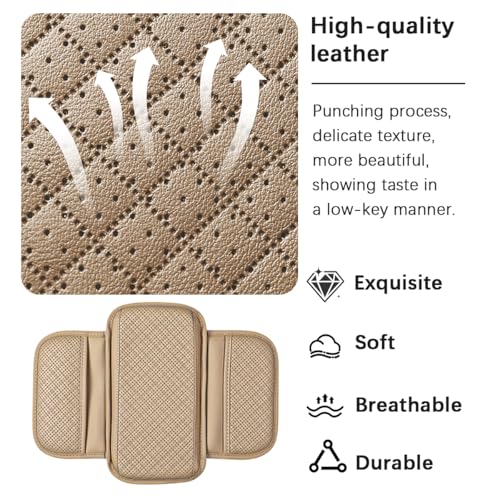 Car Center Console Cover, Leather Non Slip Vehicle Armrest Storage Box Cushion Pad with Storage Bags, Automotive Middle Console Protector, Universal for SUV RV Truck (Beige)