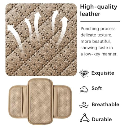 Car Center Console Cover, Leather Non Slip Vehicle Armrest Storage Box Cushion Pad with Storage Bags, Automotive Middle Console Protector, Universal for SUV RV Truck (Beige)