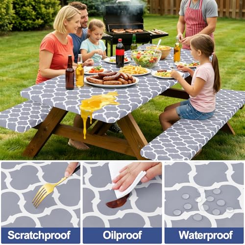 Smiry Picnic Table Cover with Bench Covers, Waterproof Elastic Fitted Tablecloth for 6 Foot Tables, Washable Polyester Tablecloths for Camping, Indoor & Outdoor (Grey, 30x72 Inch 3-pc Set)