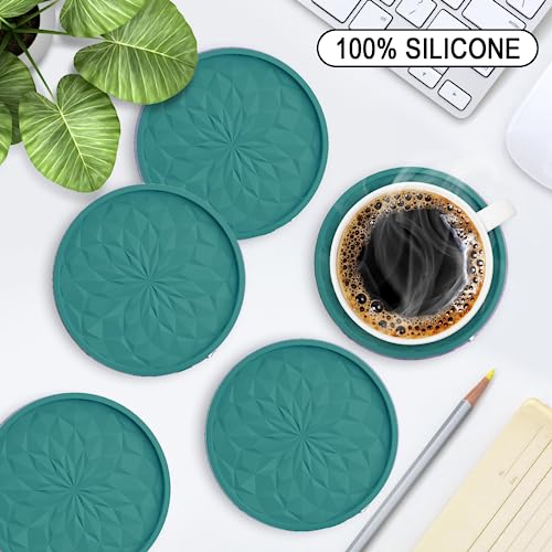 Silicone Coasters with Holder,[6 Pack] Drinking Coasters - Cup Mat for Hot or Cold Drinks, Thickened, Non-Slip, Non-stick,Deep Tray Teal Blue - color: Teal Blue