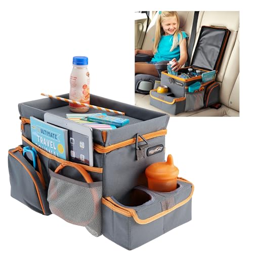 High Road CarHop Car Caddy Organizer with Road Trip Cooler, Car Cup Holder Bin, Sturdy Snack and Play Lid and 6 Organization and Storage Pockets, Gray - color: Gray