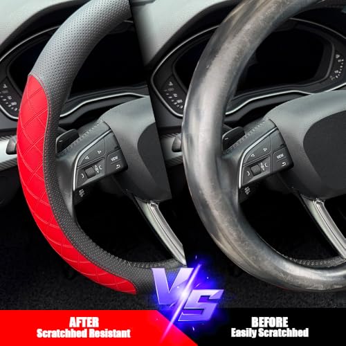 LKWLIKEI Nappa Leather Steering Wheel Cover, Elegant Diamond Checkered Design, Non-Slip wear-Resistant, Enhance Driving Comfort, Suitable for Steering Wheel Diameter 14 1/2‘-15’ Models .Black Red - color: Black Red