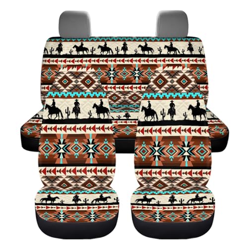 Dreaweet Aztec Car Seat Covers Full Set Western Cowboy Pattern Car Accessories for Men,Universal Steering Wheel Cover/Center Console Cover/Seatbelt Covers/Coasters/Gear Shift Cover and Handbrake Cover - color: Aztec Cowboy