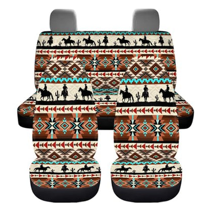 Dreaweet Aztec Car Seat Covers Full Set Western Cowboy Pattern Car Accessories for Men,Universal Steering Wheel Cover/Center Console Cover/Seatbelt Covers/Coasters/Gear Shift Cover and Handbrake Cover - color: Aztec Cowboy