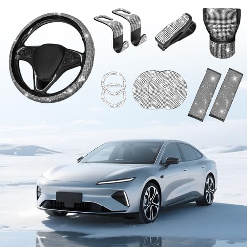 11PCS/Set Bling Car Accessories Set for Women, Rhinestone Vehicle Steering Wheel Cover Seat Belt Cushion Gear Shift Protector Cup Holder Coaster, Universal Automotive Accessories (White)