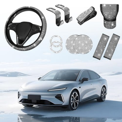11PCS/Set Bling Car Accessories Set for Women, Rhinestone Vehicle Steering Wheel Cover Seat Belt Cushion Gear Shift Protector Cup Holder Coaster, Universal Automotive Accessories (White)