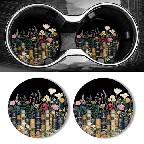 WOCOCN Car Coasters for Cup Holders - 2 Pack 2.75" Universal Rubber Car Cup Coaster, Non-Slip Waterproof Car Interior Accessories, Cute Car Decor Gifts for Women and Men (Books & Flowers) - color: Books & Flowers