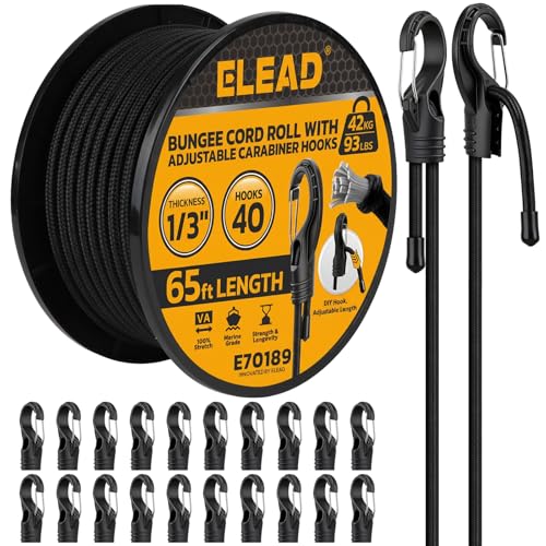 Bungee Cord Roll with 40-Piece Adjustable Hooks, 1/3" x 65ft Heavy Duty Outdoor Bungee Cords, Marine Grade Black Super Elastic Cord with Carabiner Hooks for Cargo, Camping, Bike Racks, Tents