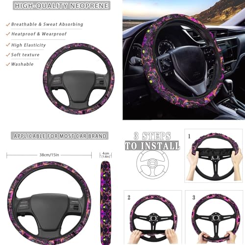 Skull Graffiti Splash Print Violet Black 15 Pcs Car Seat Cover Full Set, Universal Car Accessory Set Seat Covers Steering Wheel Cover Seat Belt Covers Car Headrest Cover Car Coaster - color: Skull Graffiti Splash Print Violet Black