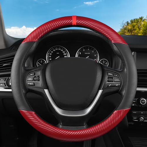 Black & Red Carbon Fiber Leather Steering Wheel Cover, 14.5-15 Inch Non-Slip Breathable Microfiber Leather Car Steering Wheel Protector for Men Women - color: Carbon Fiber - Black & Red