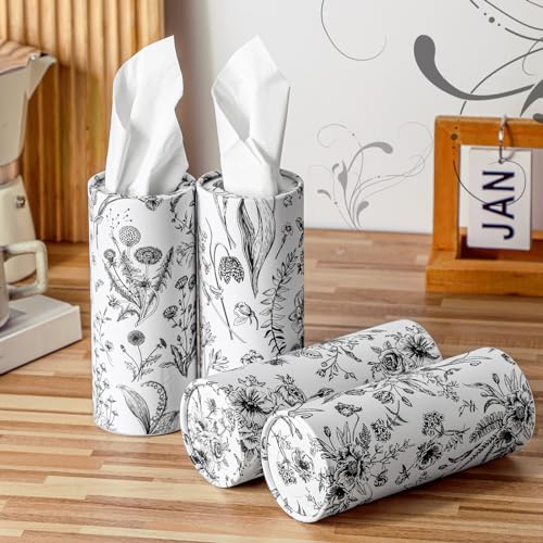 Zonon 4 Pcs Vintage Floral Car Tissue Cylinder with 240 Sheets 3 Ply Facial Tissue Bulk Black and White Round Tissues Holder Box Travel Tubes for Car Cup Holder Round Container