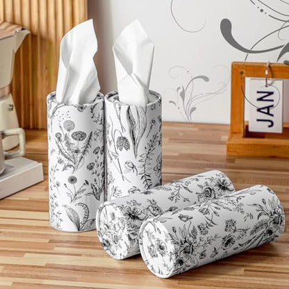 Zonon 4 Pcs Vintage Floral Car Tissue Cylinder with 240 Sheets 3 Ply Facial Tissue Bulk Black and White Round Tissues Holder Box Travel Tubes for Car Cup Holder Round Container
