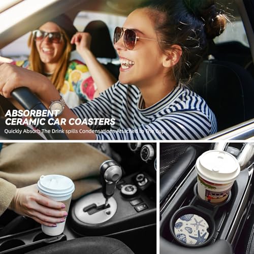 Blue Sea Starfish Shells Absorbent Ceramic Car Coasters for Cup Holders, 2.56" Anti Slip Insert Cup Coasters for Women Men (2 PCS) - color: Blue Sea Starfish Shells