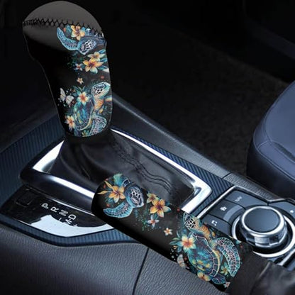 Bulopur Car Shifter Gear Hand Brake Trim Cover Set for Most Cars Van SUV Sedan Truck Auto Accessories - color: Boho Floral Sea Turtle