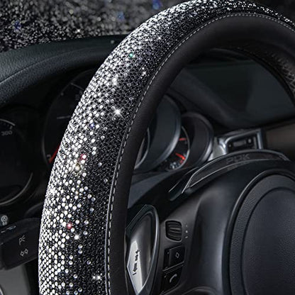 CAR PASS Bling Diamond Leather Steering Wheel Cover, Bling Sparkly Crystal Glitter Rhinestones Universal Fit 14" 1/2-15" Car Wheel Protector for Women Girl Fit Suvs,Vans,Sedans,Trucks, Black Silver - color: Black Silver Diamond