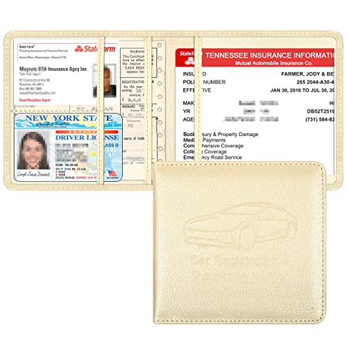 Car Insurance and Registration Holder, 5.5 x 5 Inch PU Leather Vehicle Glove Box Organizer Wallet Case for Insurance Card, Driver License, Paperwork - Champagne - color: Champagne