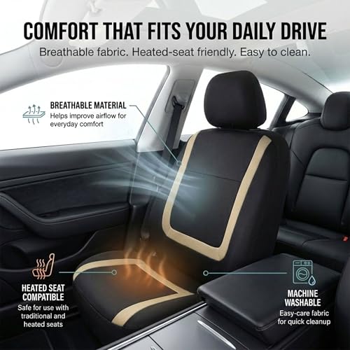 FH Group Car Seat Covers Unique Flat Cloth Full Set Automotive Seat Covers Front Set and Rear Solid Bench Beige Black Seat Covers w. Gift Universal Fit Interior Accessories for Cars Trucks and SUVs - color: Beige