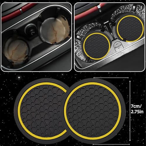 NBTEPEM 10 Pcs Car Floor Mats Full Set & Sport Leather Steering Wheel Cover 14.5-15 inch, Center Console Cover, Seat Belt Cushion, Cup Holder Coaster, Universal Automobile Interior Sets (Yellow)