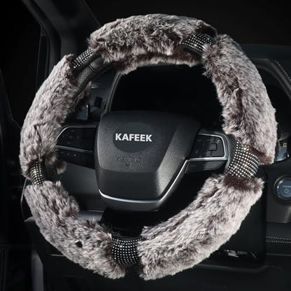Winter Fluffy Steering Wheel Cover 15 inch, Soft Plush Steering Wheel Protector with Bling Rhinestones, Comforting and Luxurious, Brown - color: brown