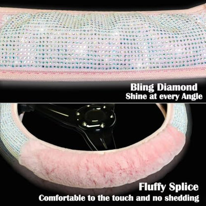 Bling Fluffy Steering Wheel Cover for Women Girls, Rhinestone Diamond Sparkling Fur Steering Wheel Protector Elastic Steering Wheel Covers Winter Warm Universal Fit 14-15 inches - Pink - color: Pink