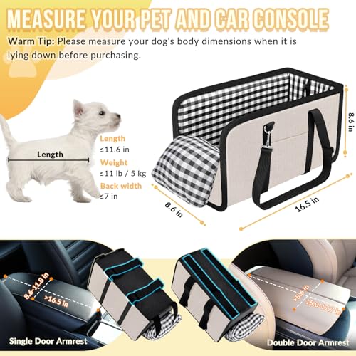 SlowTon Console Dog Car Seat - Portable Dogs Armrest Booster Seat for Small Dog, Anti-Collapse Pet Car Seat with Soft Cushion Safety Belt, Support Pet Up to 11lbs(Beige)