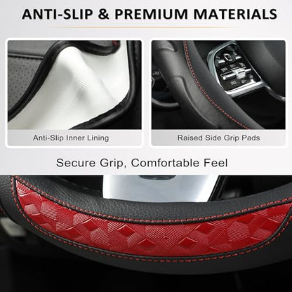 Black Seal Custom-Fit Steering Wheel Cover for Ford F-150, F-250, F-350, Expedition, 15.5–16", Anti-Slip PU Leather (Black+Red) - color: Black+Red